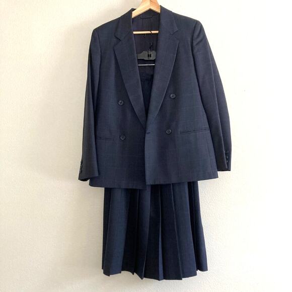 Vtg Britches of Georgetown Skirt Suit Set Navy Blue Windowpane Pleated Women 8 - Picture 1 of 9